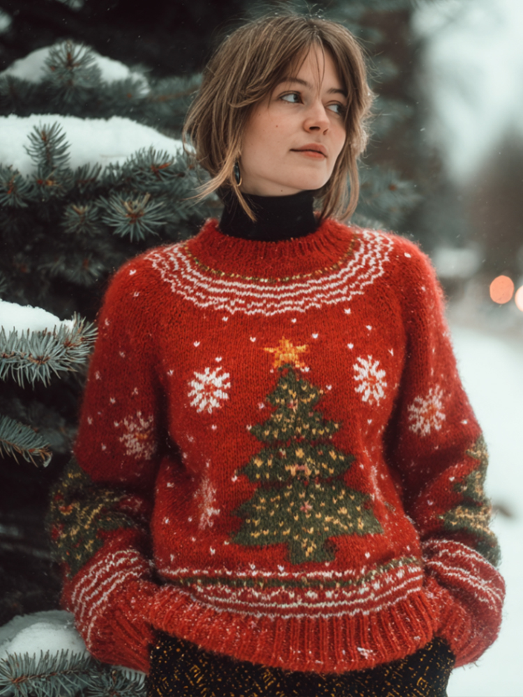 Comstylish Christmas Tree Embroidered Round Neck Sweater