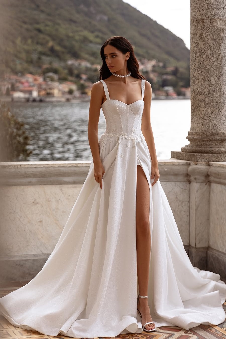 Lisliy White Sleeveless Spaghetti Straps A-Line Wedding Dress With Handmade Flower