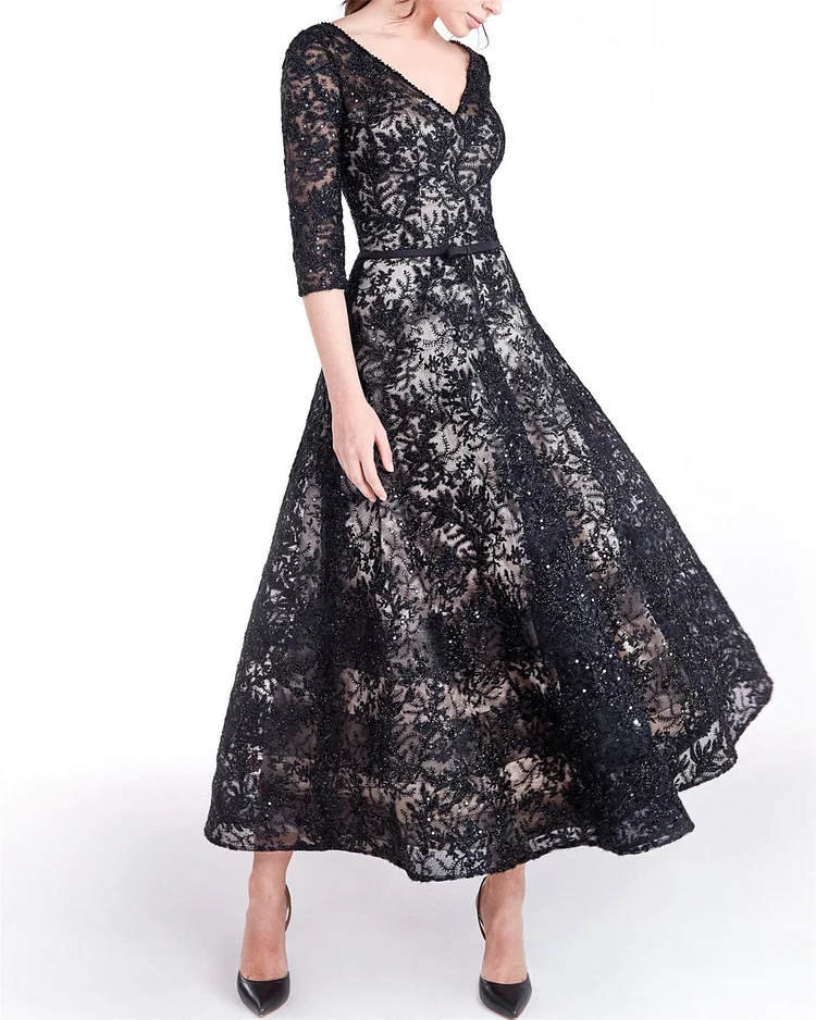 Women's V-neck Lace Dress - 01
