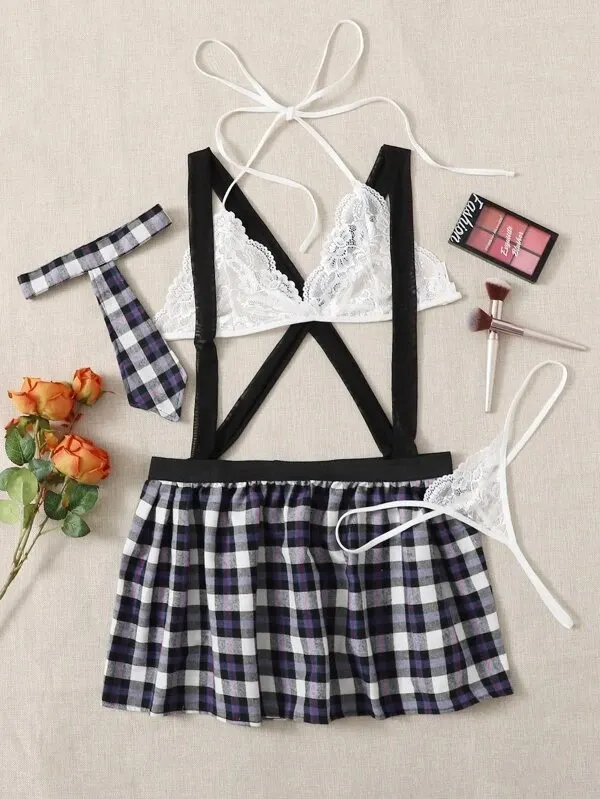 Churchf Hot Lingerie Sexy Uniform Seduction Elastic Cross Shoulder Strap Student Suit