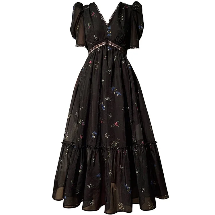 Vintage Black Floral Printed Puff Sleeve Ruffled Hem Midi Dress