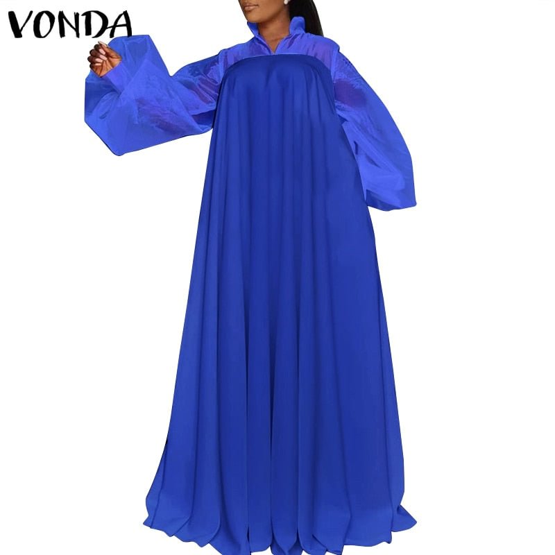 Bohemian Maxi Dress 2022 VONDA Women Vintage Solid Color Puff Sleeve Dress Beach Sundress Casual Vestido Robes Longue Oversized