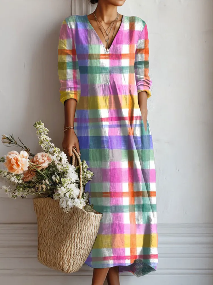 Women's Vintage Abstract Geometric Art Print Linen Pocket Tunic Dress