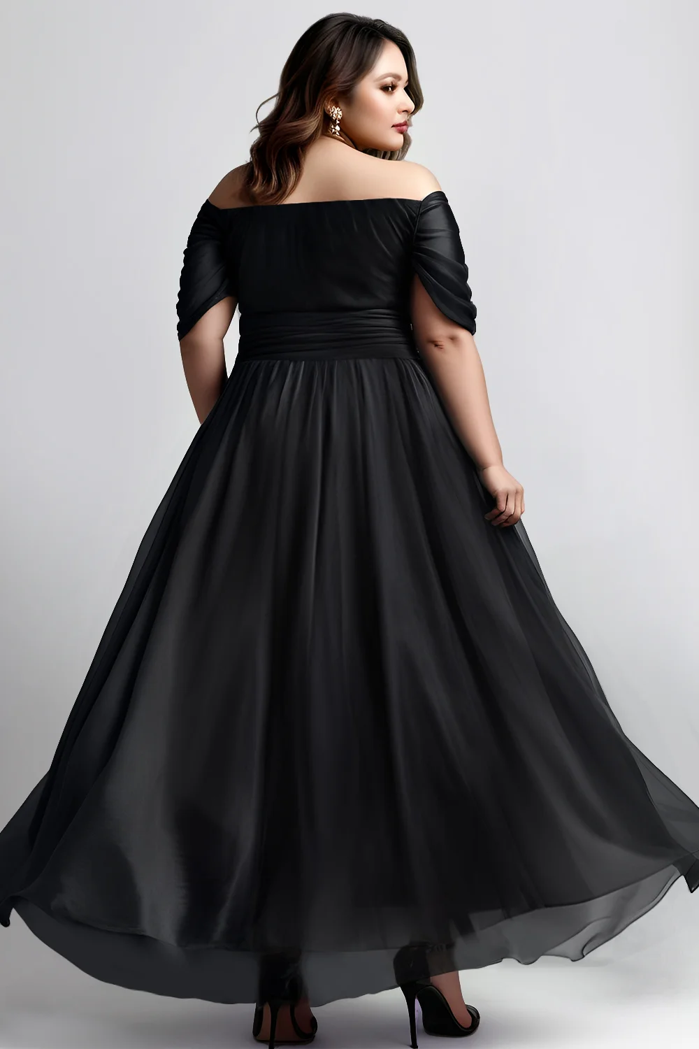 Flycurvy Plus Size Wedding Guest Black Organza Off The Shoulder Wrap High Low Hem Maxi Dress