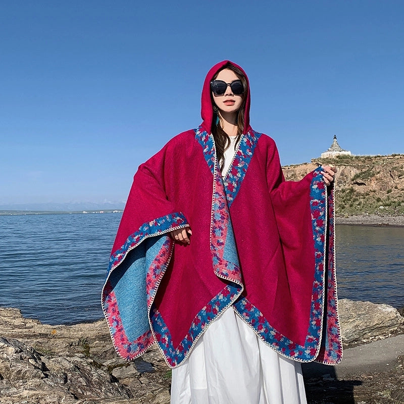 Ethnic Style Hooded Shawl Cloak Lijiang Xinjiang Tibet Northwest Tourism Wear Photograph Warm Outer Cape