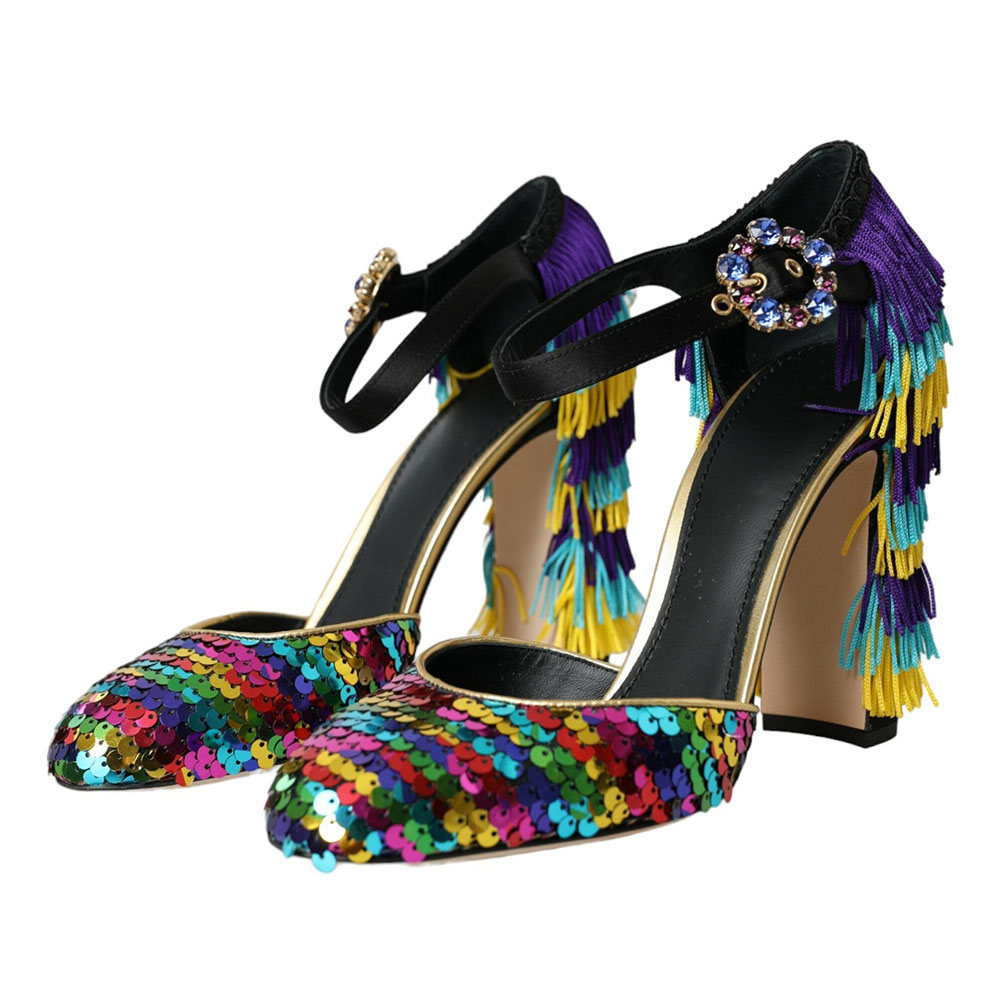 Multicolor Sequin Rhinestone Buckle Ankle Strap Fringe Pumps Heels Nicepairs