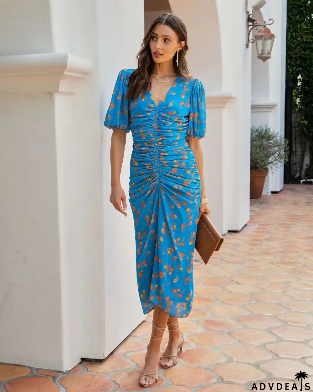 Women's Puff Sleeve Floral Deep V Pleated Fashion Wedding Guest Dress