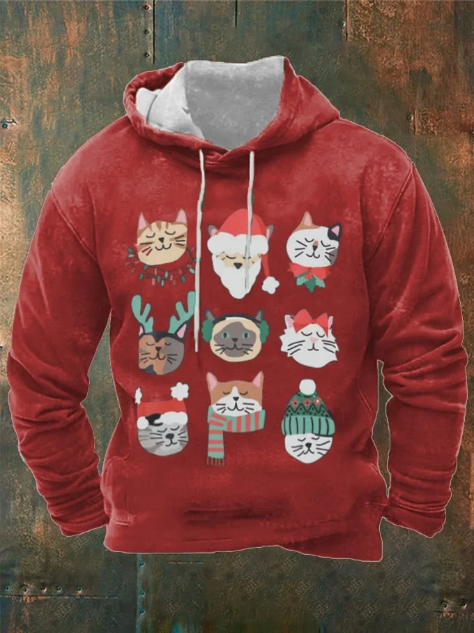Men's Christmas Cute Cat Print Hooded Sweatshirt