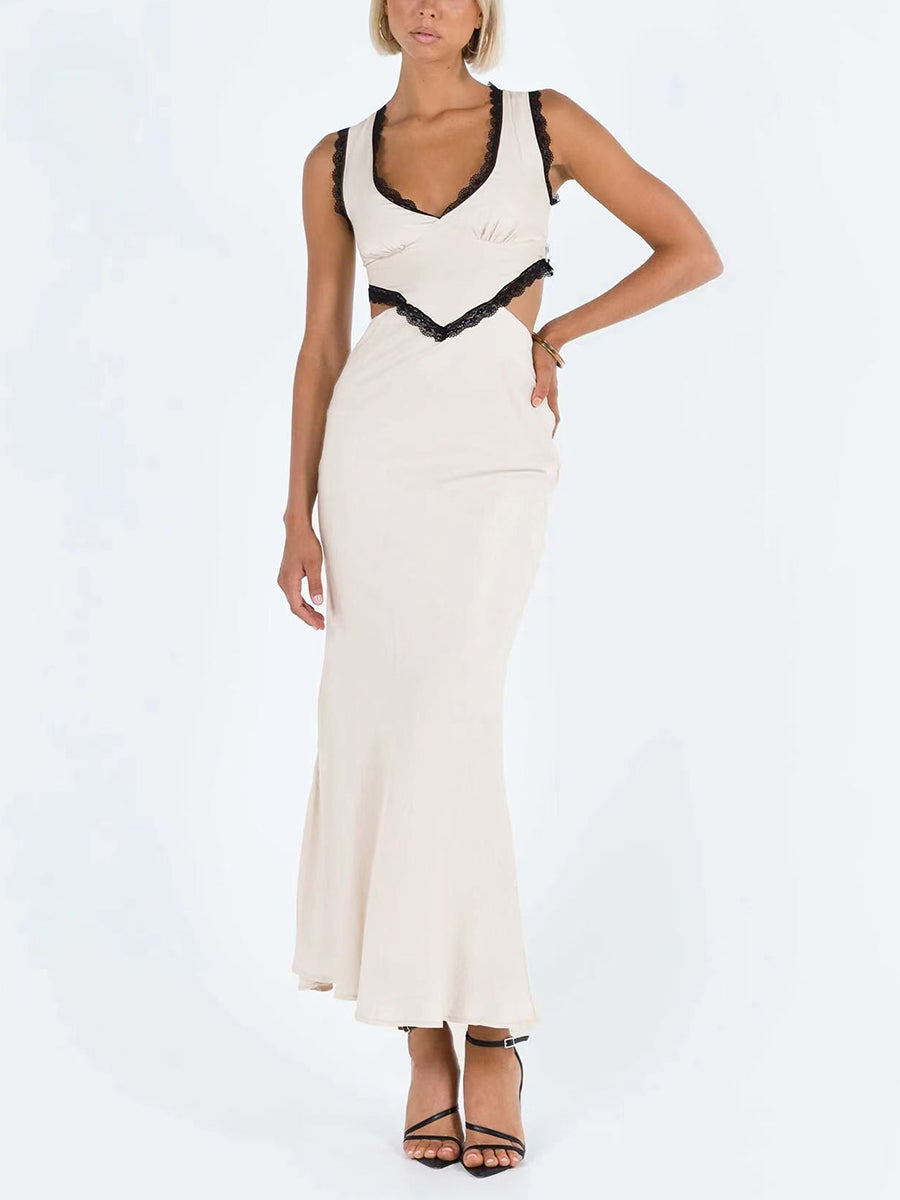 V Neck Sleeveless Lace Splicing Mermaid Skirt Sets