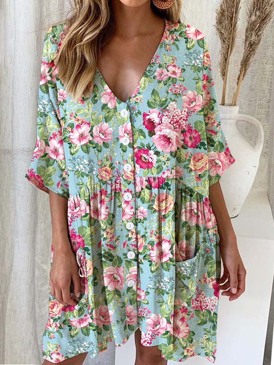 Women's Elegant Rose Floral Pattern Shirt Style Cotton and Linen Dress