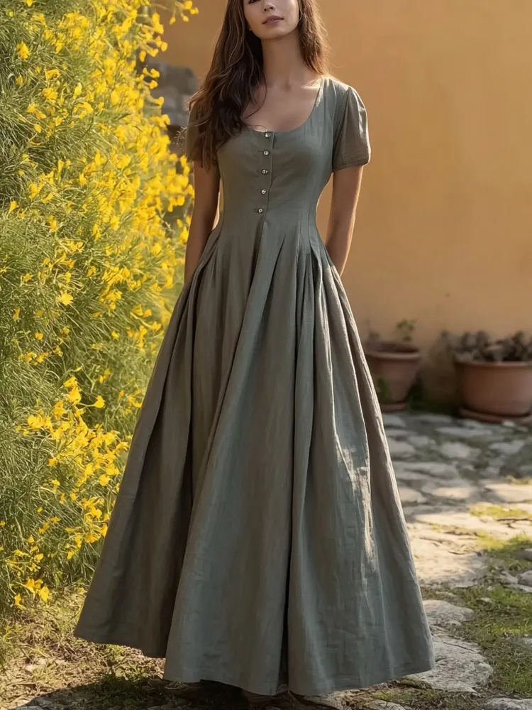 Classic Elegant Button Up Cozy Linen Maxi Dress