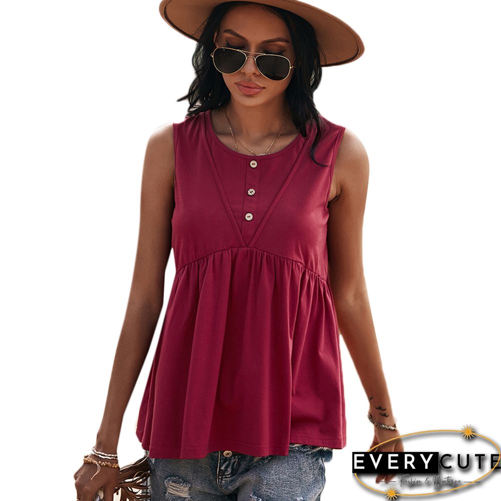 Wine Red Solid Buttoned Knit Loose Tank
