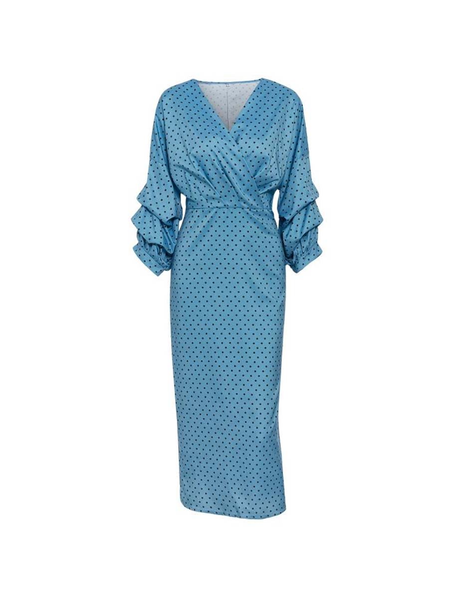 Vintage Dress Elegant V-neck Polka Dot Lantern Sleeve Dress