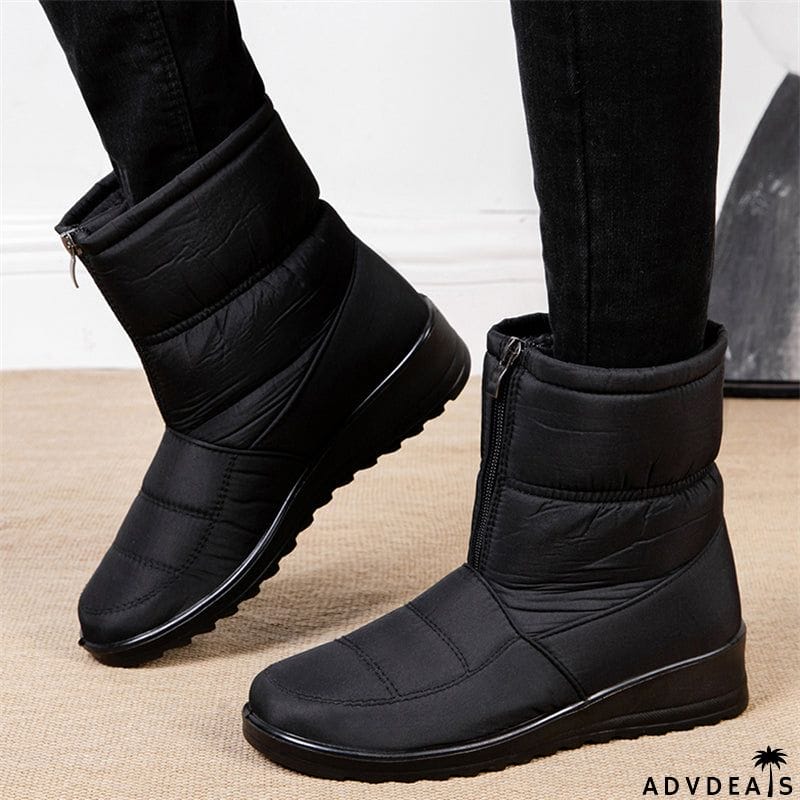 Waterproof Front Zipper Plush Ankle Boots