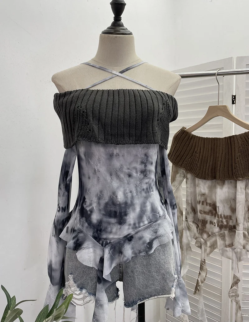 Churchf Real Shot Shoulder Cross Hanging Neck Knitting Mesh Yarn Coat Irregular Ribbon Horn Long-Sleeved T-Shirt 1101