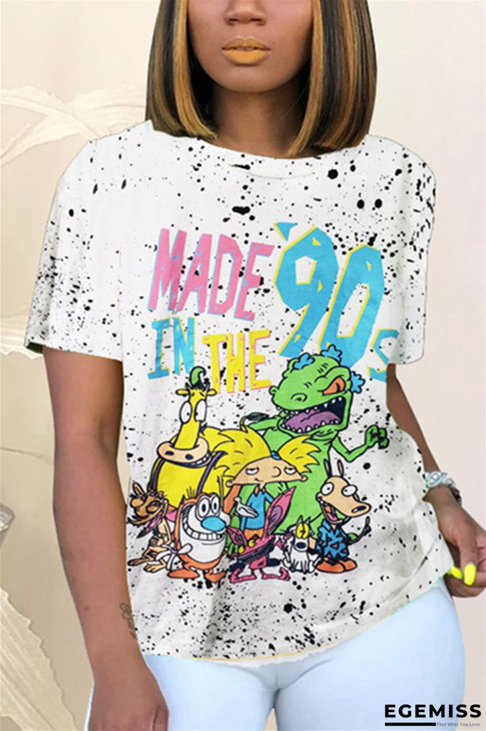 White Fashion Casual Print Short Sleeve T-shirt | EGEMISS