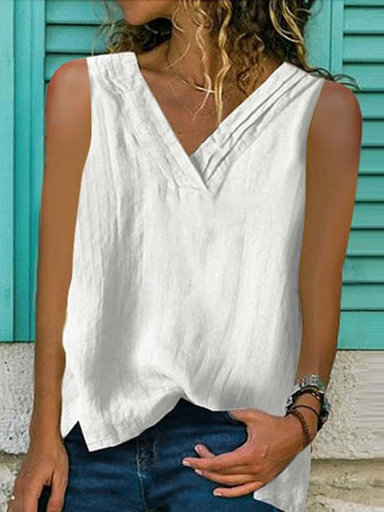 Ladies Cotton Linen V-Neck Hem Bifurcated Sleeveless Shirt