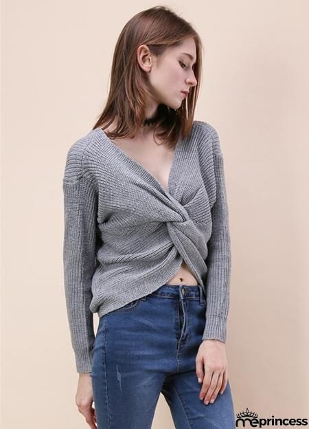 Tie Deep V Neck Pullover Knitted Sweater