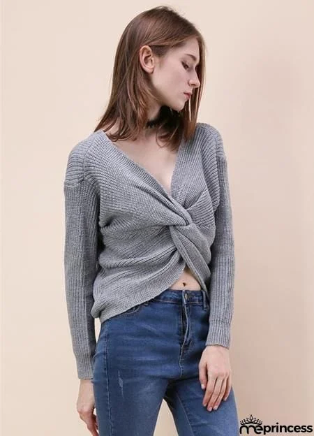 Tie Deep V Neck Pullover Knitted Sweater