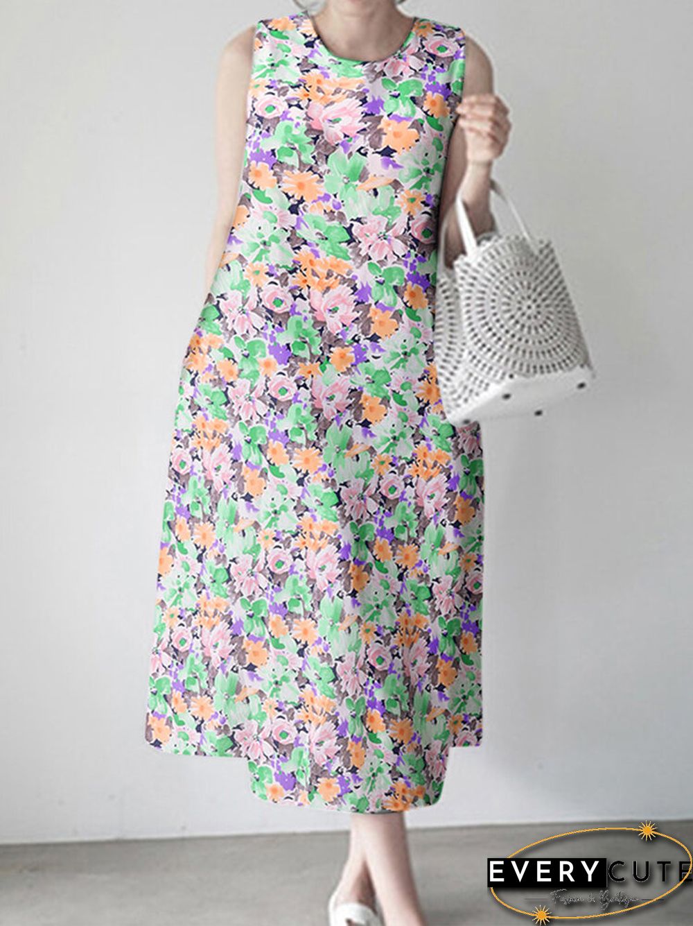 Calico Sleeveless Round Neck Print Dress