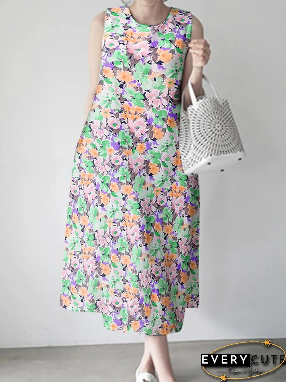 Calico Sleeveless Round Neck Print Dress