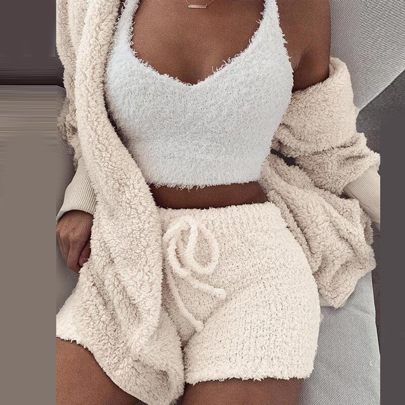 Plush Casual Two Piece Set Lady Long Sleeve Hooded Cardigan Coat Shorts Suits