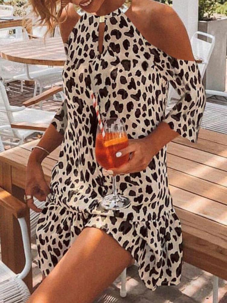 Halter Off-Shoulder Cut-Out Leopard Print Dress