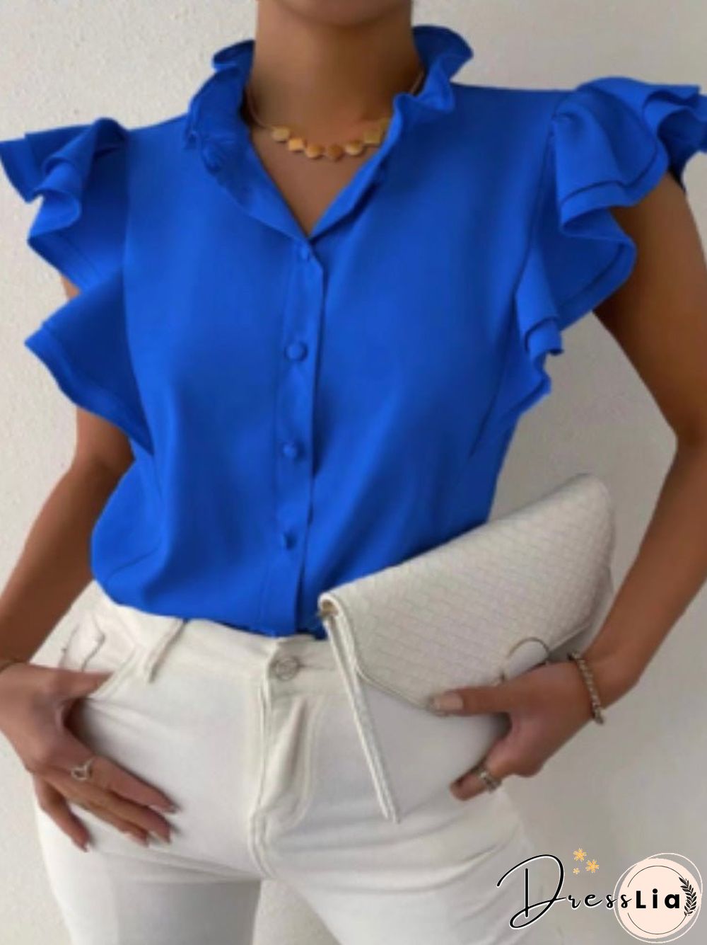 Women'S Blouses Solid Stand Collar Button Ruffle Blouse