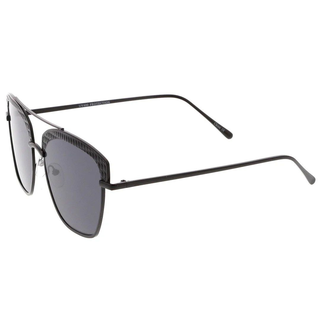 Women's Crossbar Slim Arms Textured Metal Flat Lens Square glasses 58mm