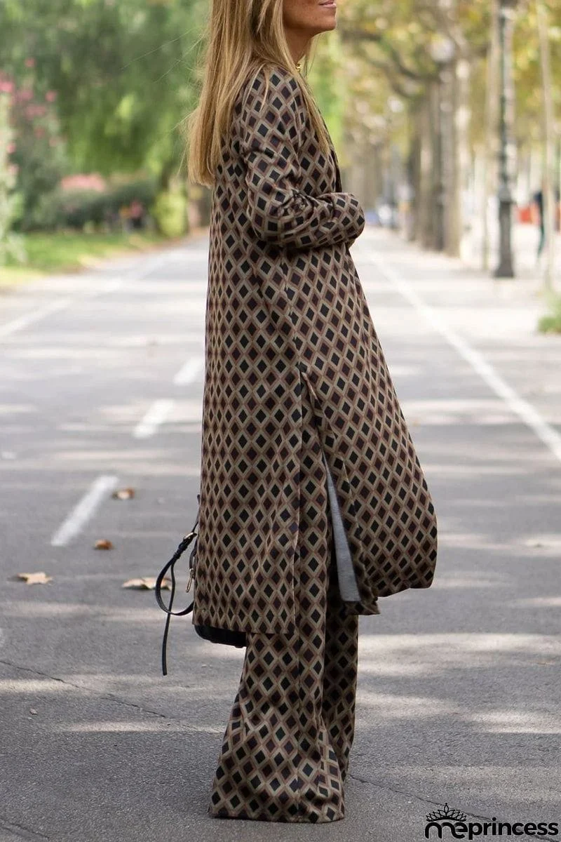 Elegant Geometric Print Sequins Printing Cardigan Collar Long Sleeve Two Pieces