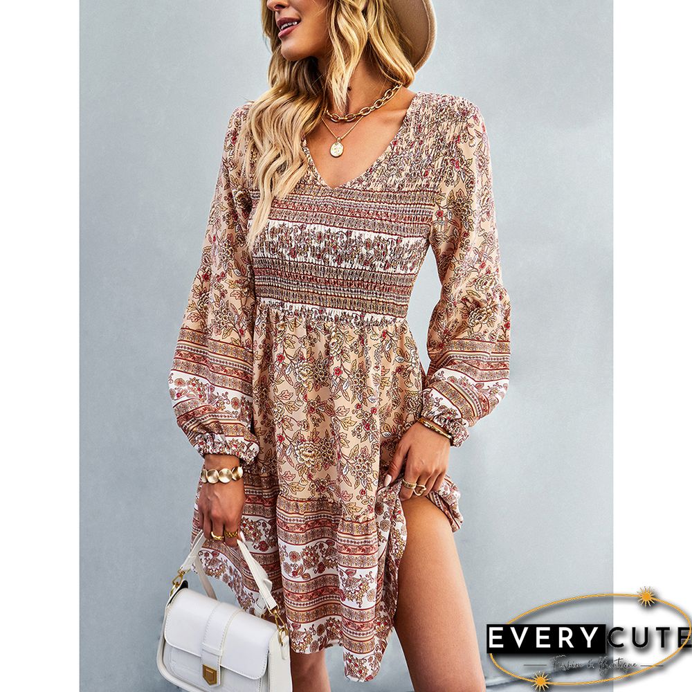 Khaki V Neck Smocked Floral Long Sleeve Boho Dress
