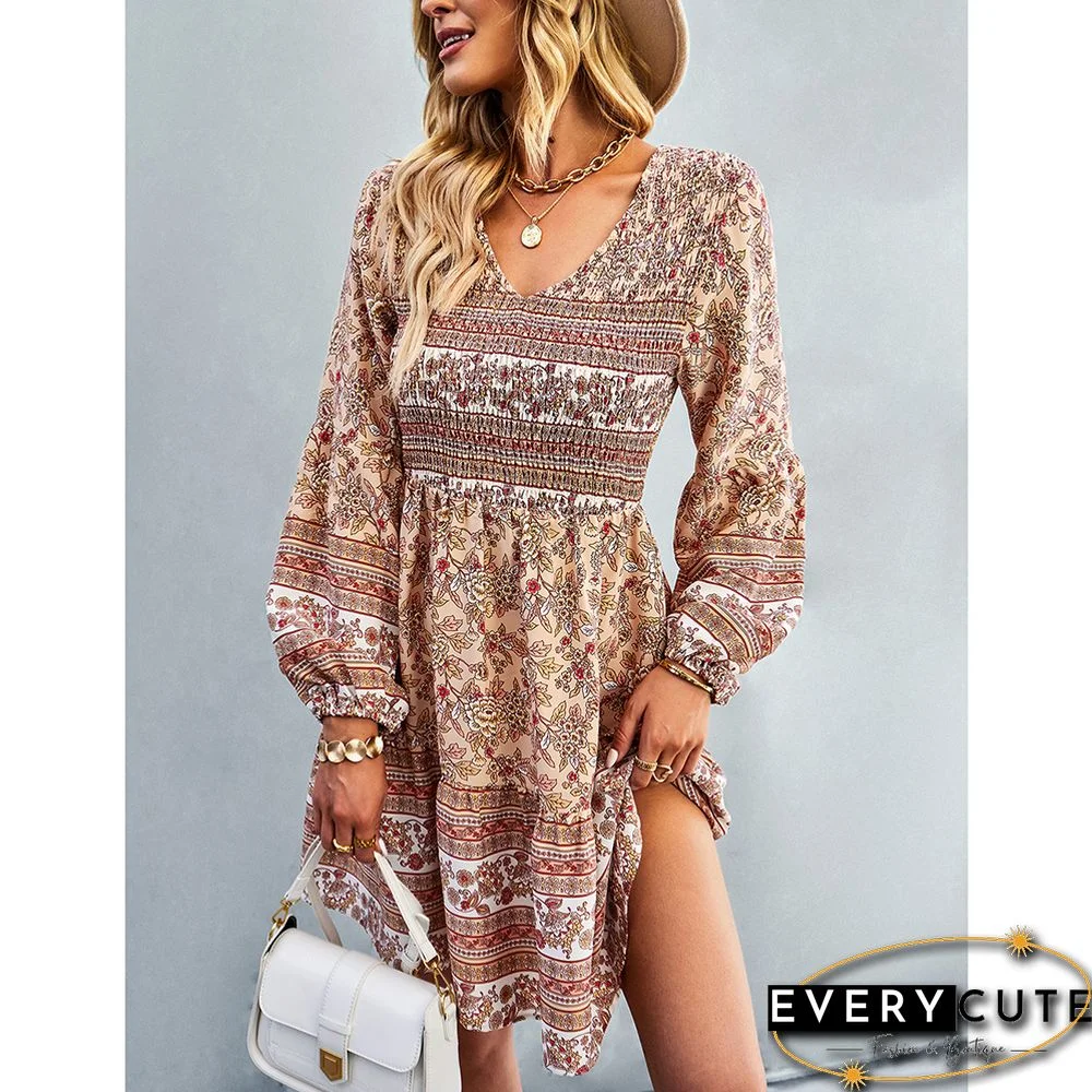 Khaki V Neck Smocked Floral Long Sleeve Boho Dress