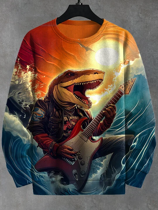 Men's Retro Punk Crocodile Playing Electric Guitar Sea Waves Print Casual Sweatshirt