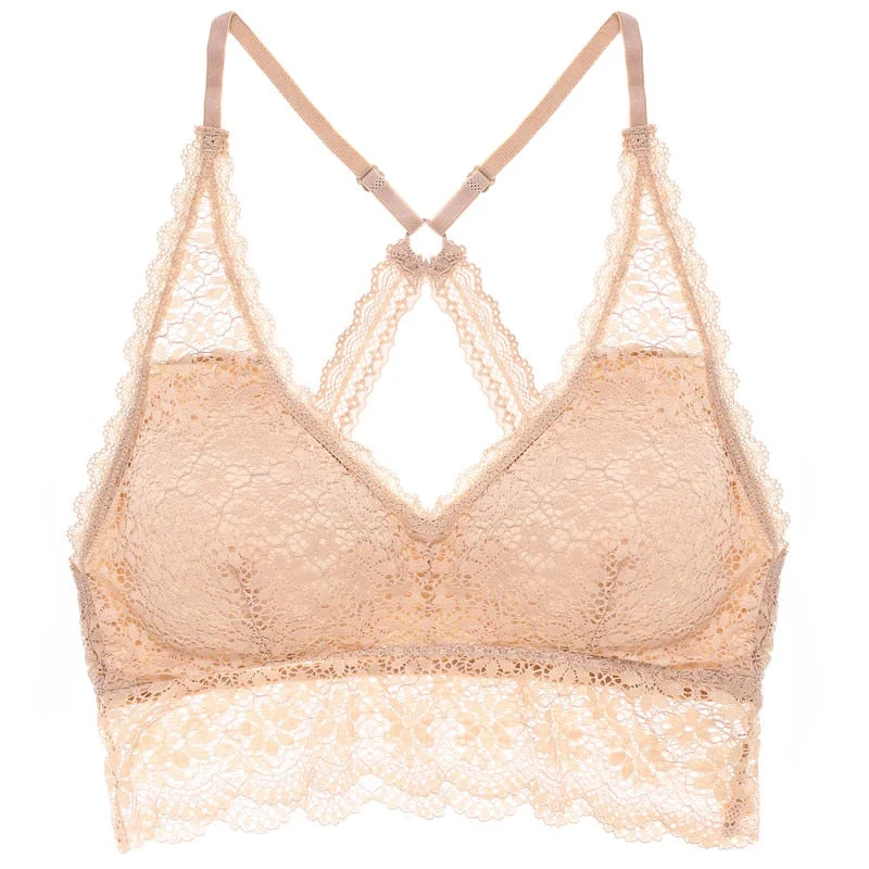 FINETOO Sexy Bralette Padded Bras For Women Transparent Wireless Bra Lace Intimates Lace Bralette Backless Brassiere Crop Tops
