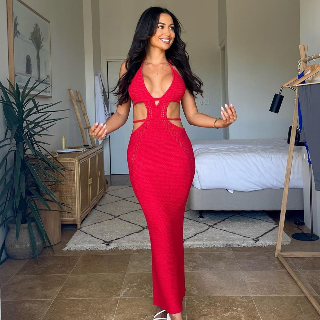 Ootddress Female Knit Lace-Up Maxi dress Backless Slim Fashion Beach Outfits Y2k Dress Hollow Out Bandage Knitwear Party Women Dress