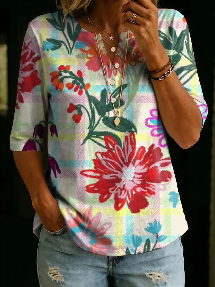 Women&rsquo;s Floral Pattern Art Casual Classic Henley Collar 100% Cotton T-shirt