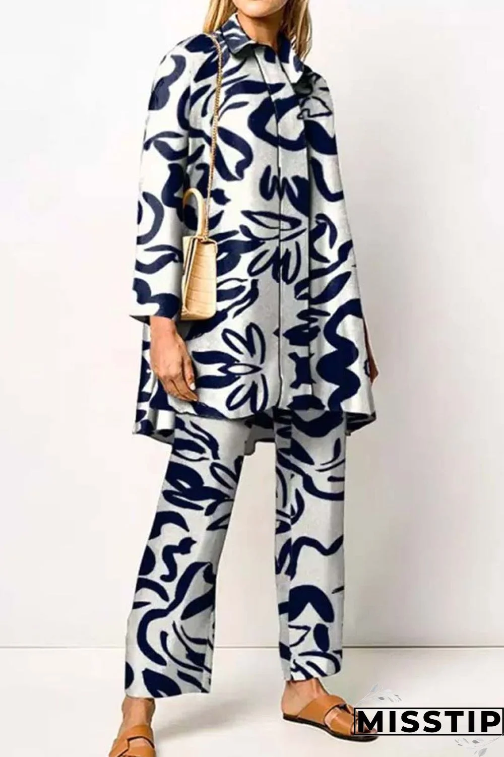 Orange Casual Print Patchwork Shirt Collar Long Sleeve Two Pieces