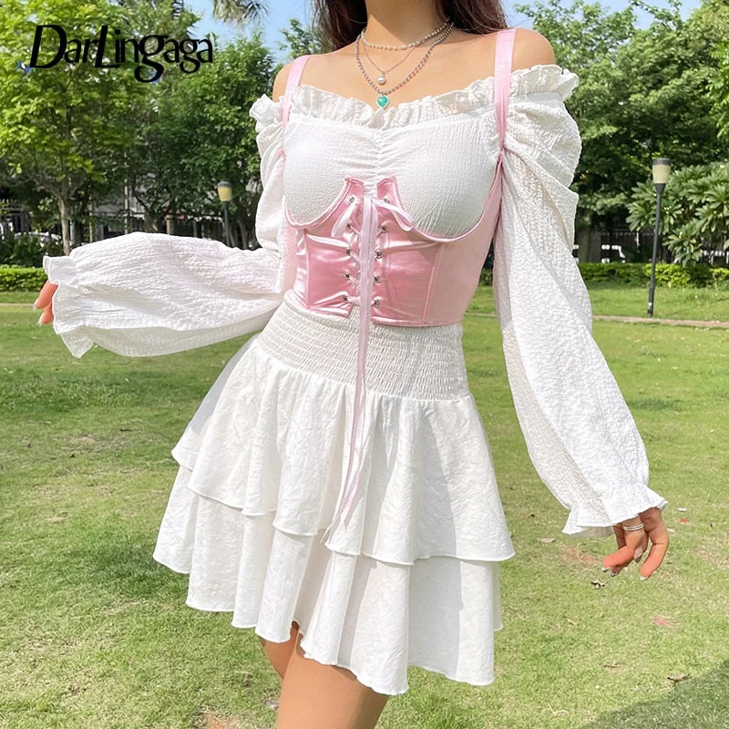 Darlingaga Fashion Chic Pink Satin Corset Top Women Lace Up Bandage Bustier Tops Cropped Cummerbunds Tank Top Waistcoat Outfits