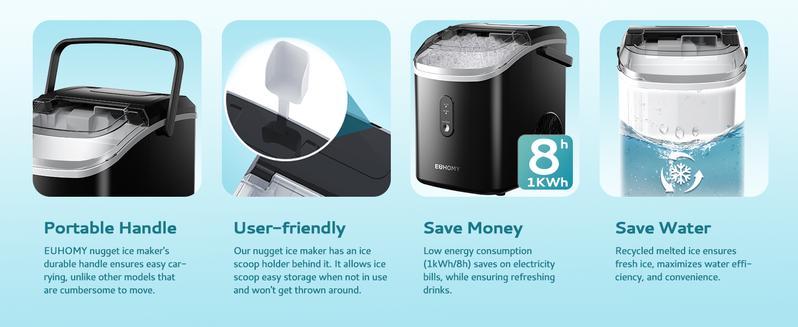 Product Introduction of EUHOMY Nugget Ice Maker Countertop with Handle, Ready in 6 Mins, 33lbs/24H, Removable Top Cover, Auto-Cleaning, Portable Pebble Ice Maker with Basket and Scoop, for Home/Kitchen/Party/Camping 4