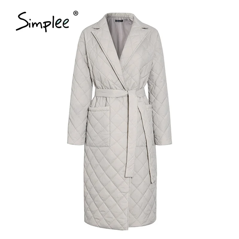 Simplee Long straight winter coat with rhombus pattern Casual sashes women parkas Deep pockets tailored collar stylish outerwear