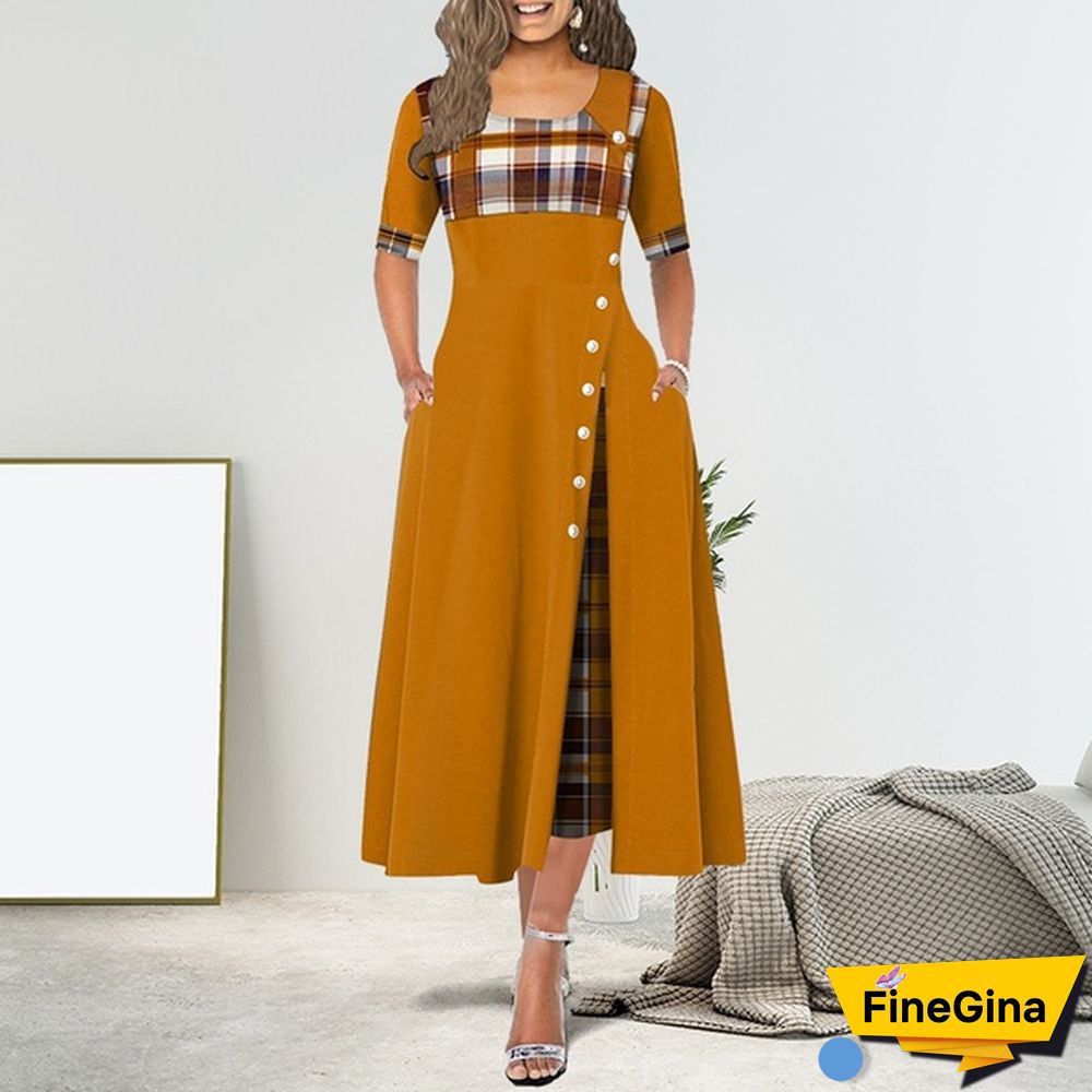Women's Fashion Half Sleeve Plaid Print Button Detail Maxi Dress Vintage Dress Plus Size S-5XL
