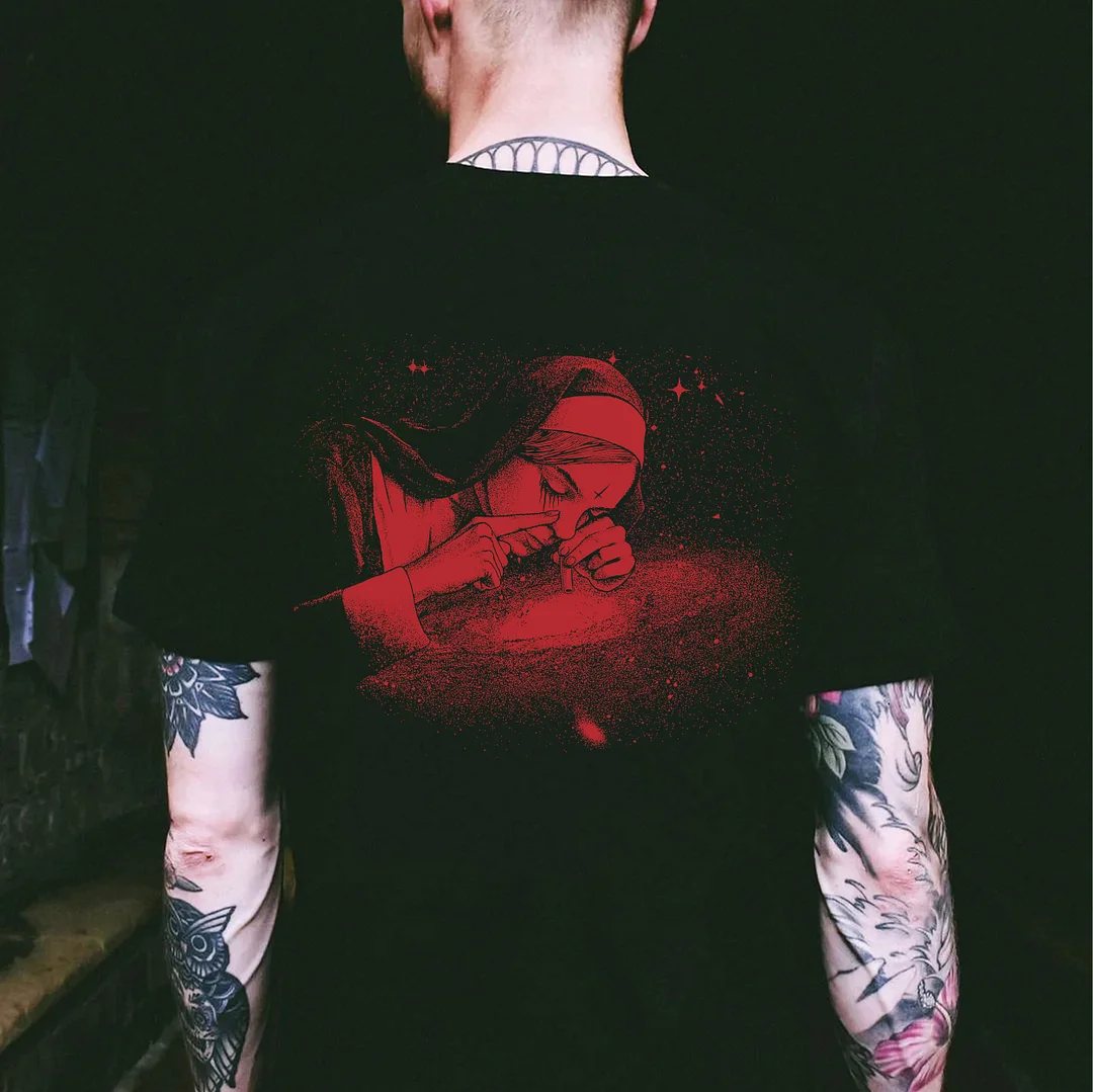 Nun Smoking Hellish Style Black Print T-shirt