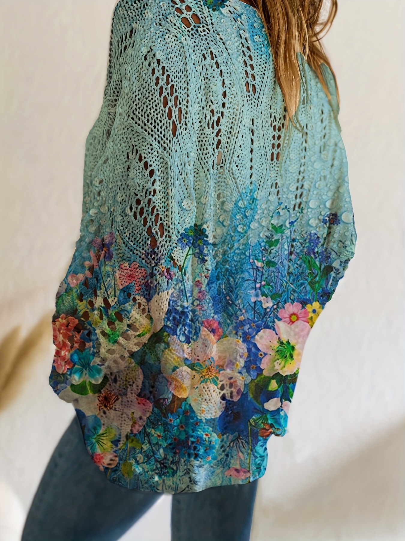 Plus Size, Spring-Summer-Autumn Rhombus Cutout Batwing Sleeve Loose Fit Off-Shoulder, Multi-Colored Floral Print Long Sleeve Top for Women, Vacation Style Casual Elegant Commuter Vest Cover-Up Bikini Shirt