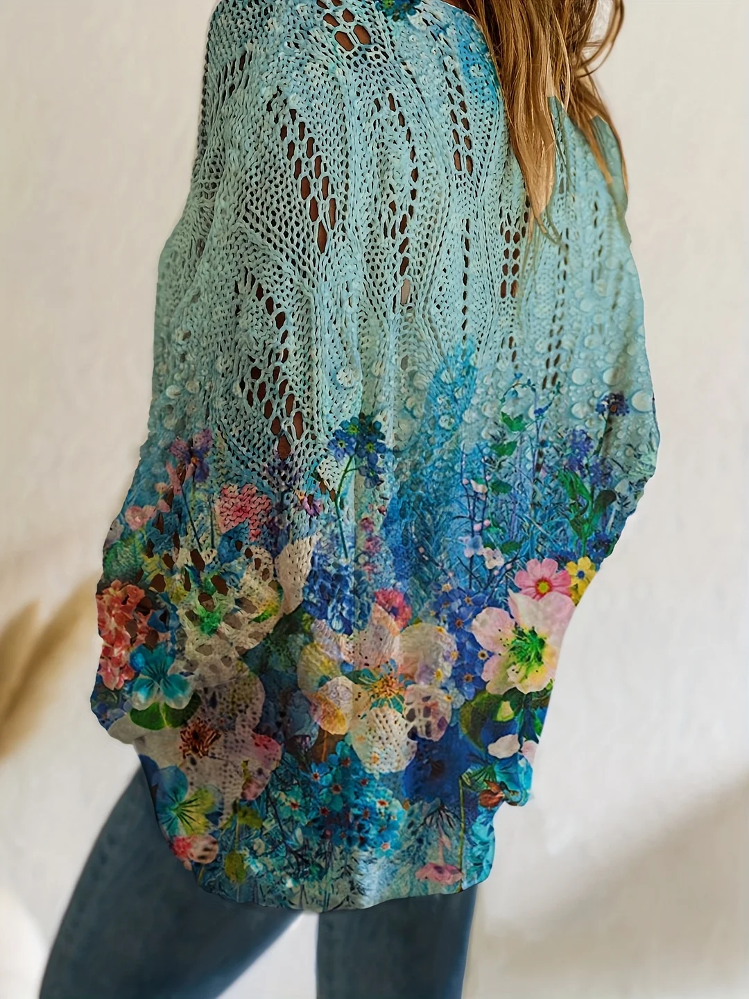 Plus Size, Spring-Summer-Autumn Rhombus Cutout Batwing Sleeve Loose Fit Off-Shoulder, Multi-Colored Floral Print Long Sleeve Top for Women, Vacation Style Casual Elegant Commuter Vest Cover-Up Bikini Shirt