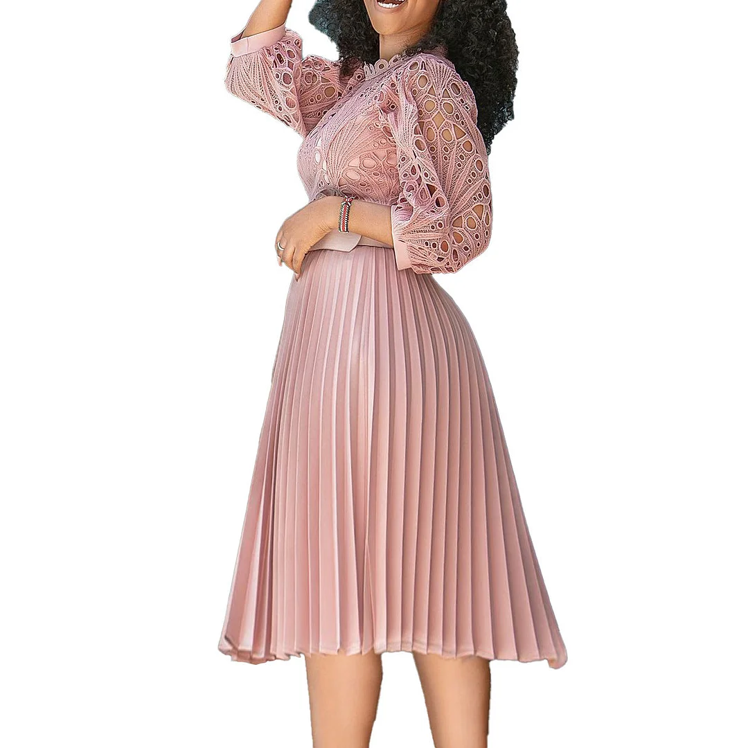 Uveng Round Neck Fashion Plus Size Lace Crochet Sexy Pleated Dress