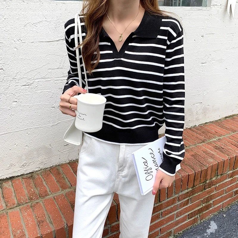 Women Long Sleeve striped polo collar Sweater Female Elegant Spring Autumn Casual Tops Korean Style thin Knitted Chic pullovers