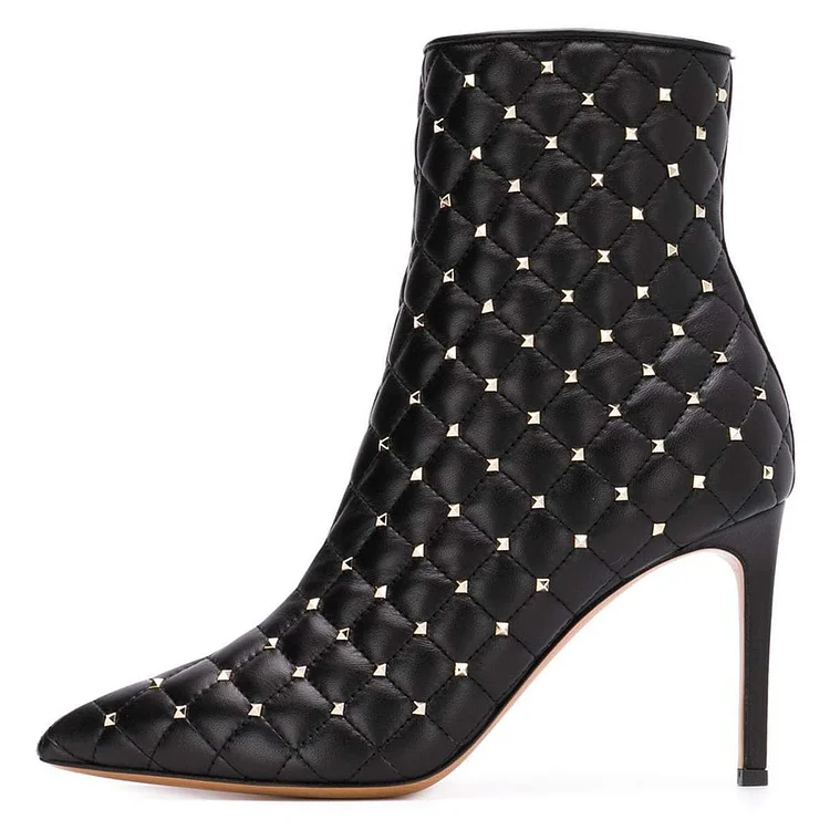 Black Quilted Ankle Boots Studs Shoes Pointy Toe Stiletto Boots |FSJ Shoes