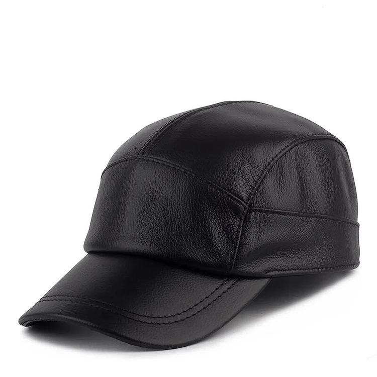 Winter Mens Genuine Leather Hat Thicken Warm Cowhide Leather Baseball Caps With Ears Dads Hats Snapback
