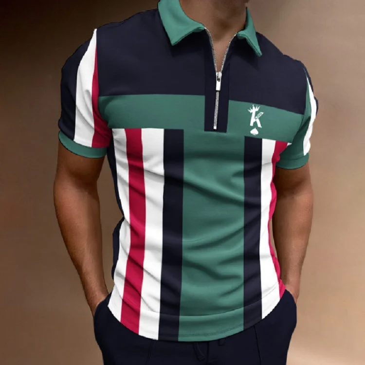 Green Black Color Blocked Summer Casual Zipper Short Sleeve Men's Polo Shirts at Hiphopee