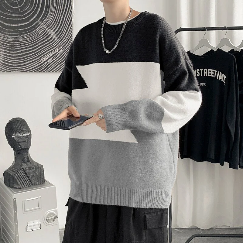 Aonga Pullovers Men Casual Teens Students Clothing Basic O-Neck Cozy Patchwork Streetwear Unisex Kpop Japanese Sweater Dynamic Cвитер
